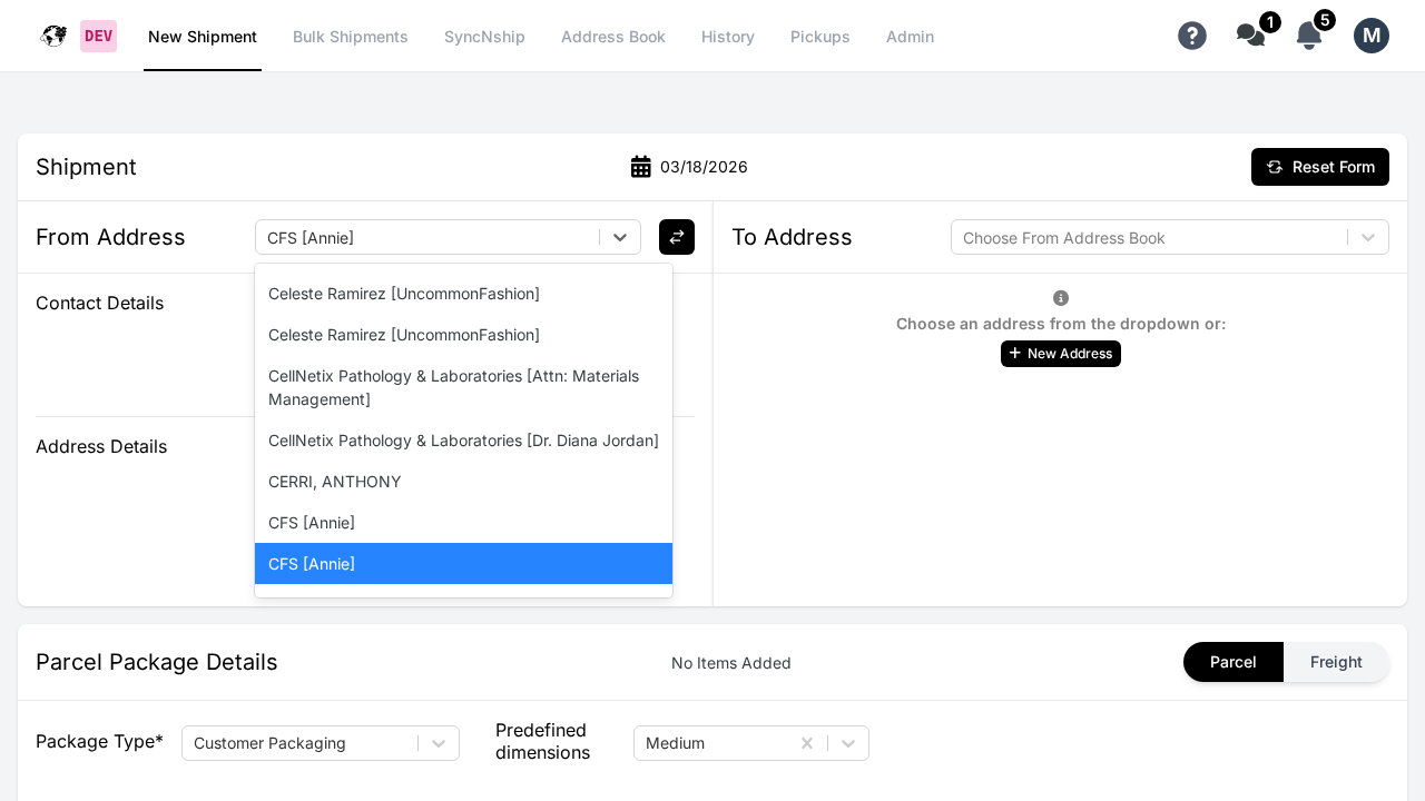ShipBoss Ship Page showing From Address dropdown with address options