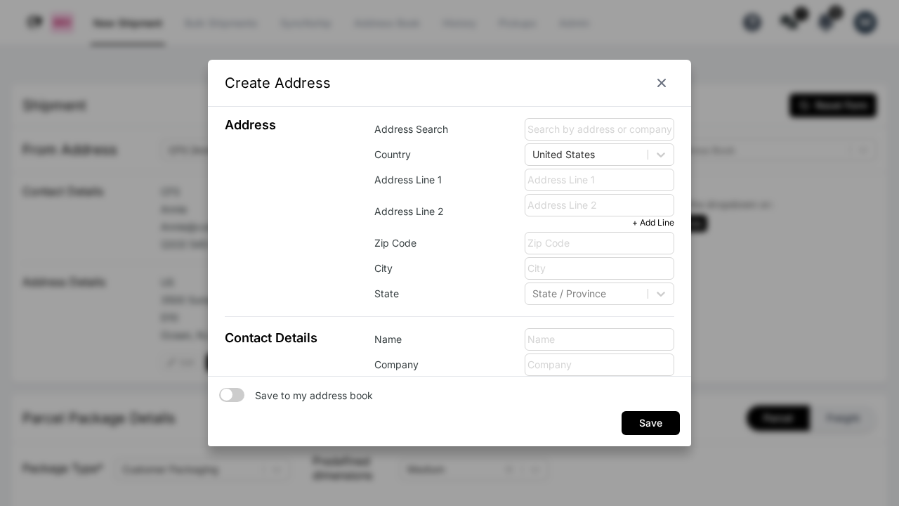 ShipBoss Create Address dialog for custom To Address entry