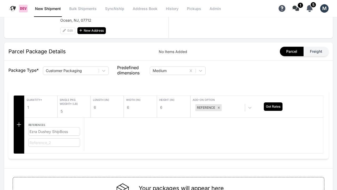 ShipBoss Package Details section with package type, dimensions, quantity, and weight fields