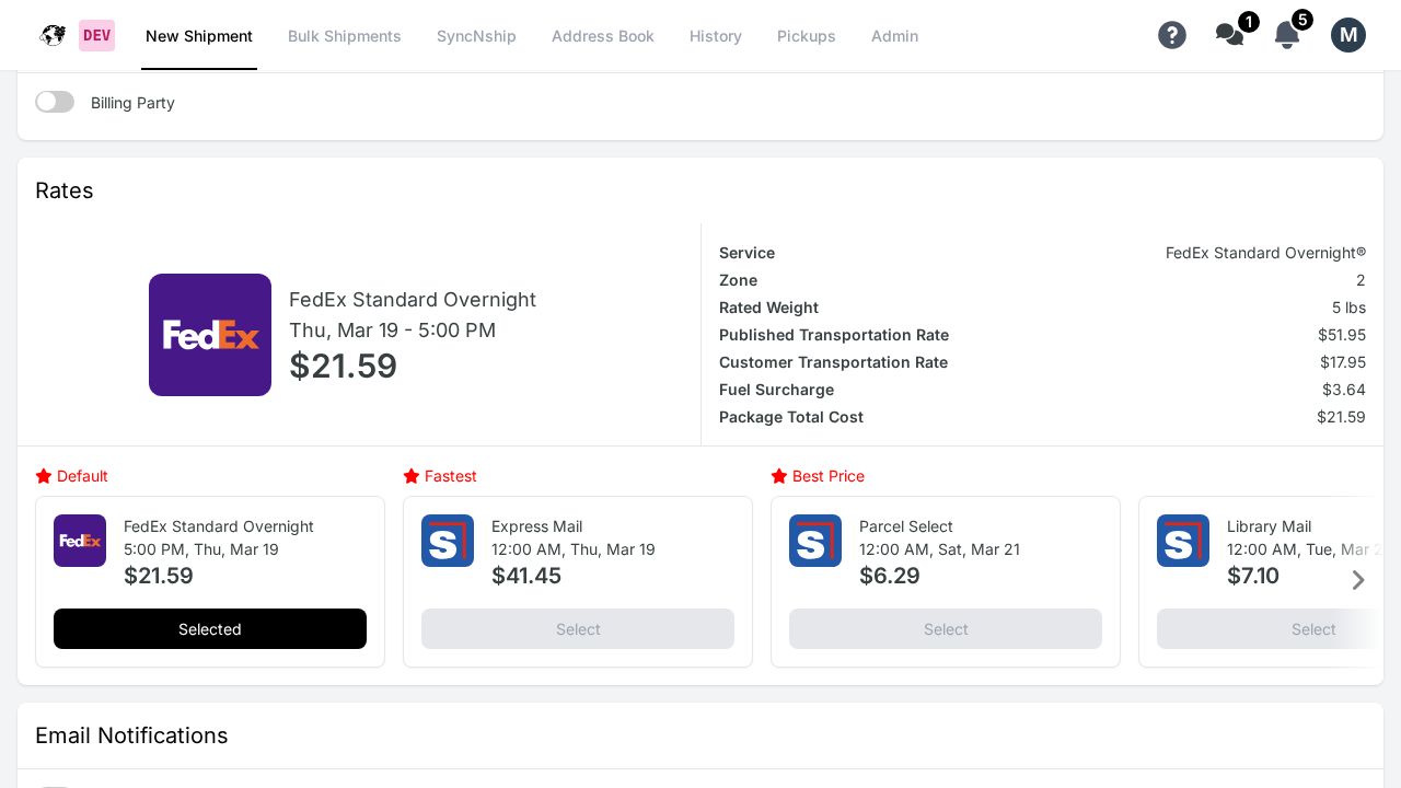 ShipBoss rate results showing carrier options with Default, Fastest, and Best Price highlighted