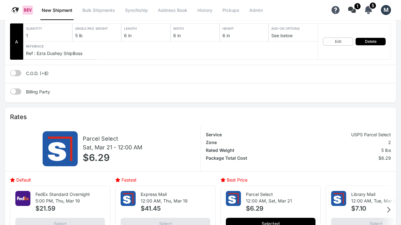 ShipBoss rate detail breakdown showing service, zone, weight, and cost