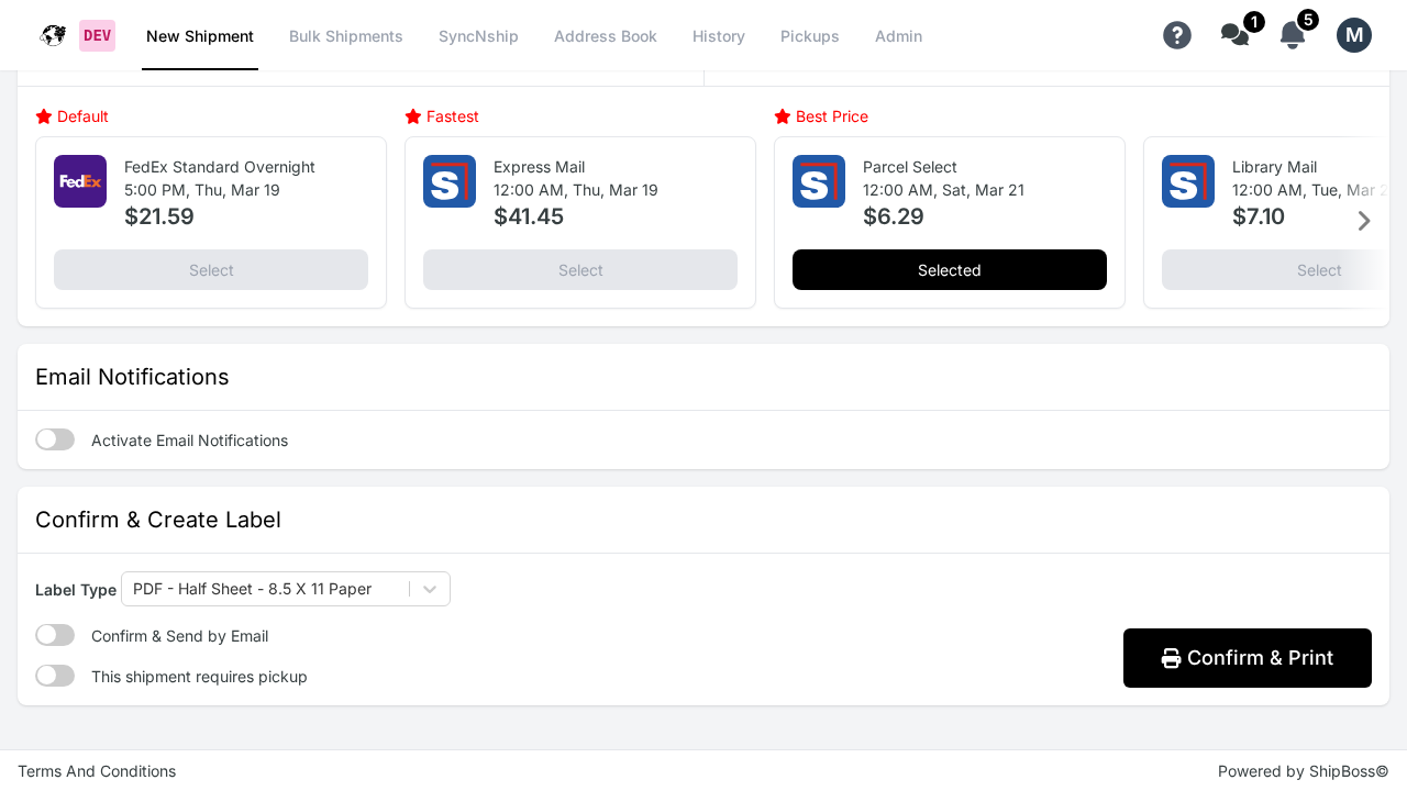 ShipBoss Confirm and Create Label section with label type, email, and pickup options