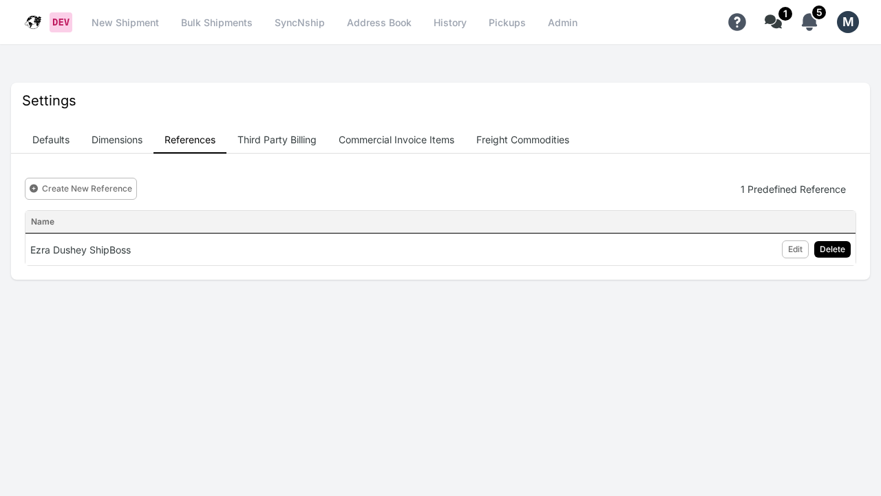 ShipBoss reference list showing Edit and Delete buttons for each reference