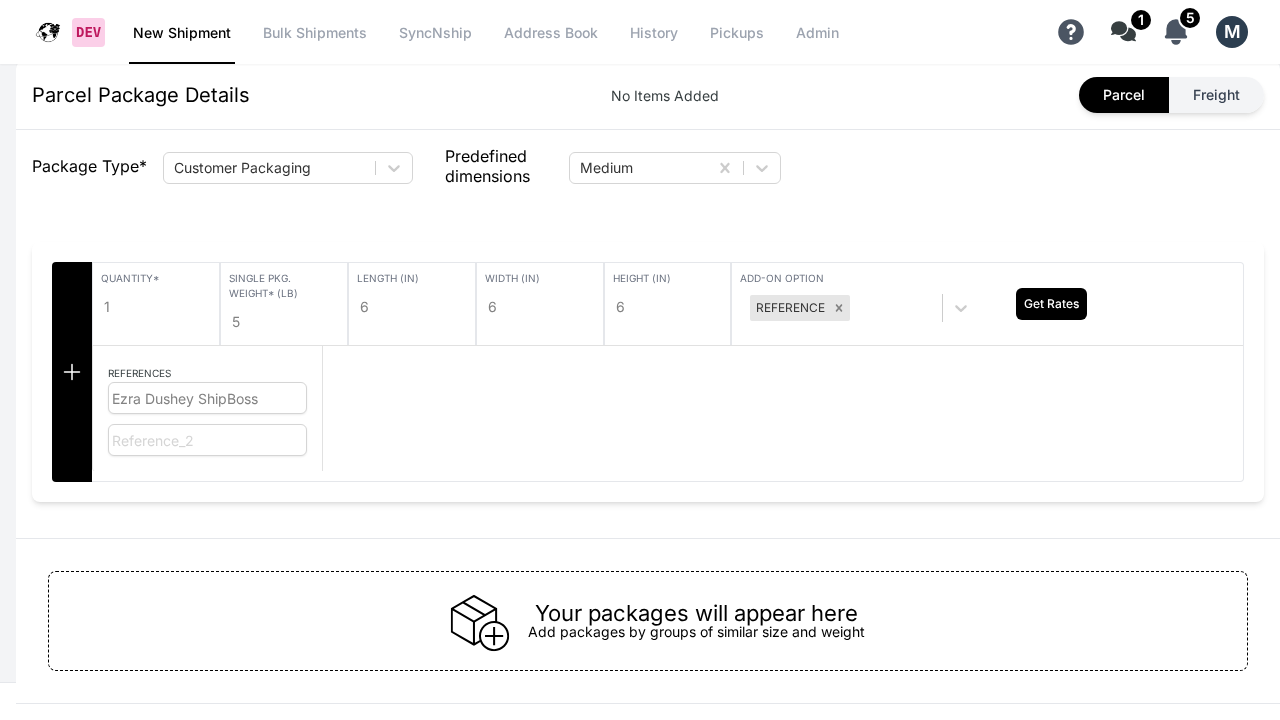 ShipBoss Package Details showing the Add-On option with Reference selected and reference input fields