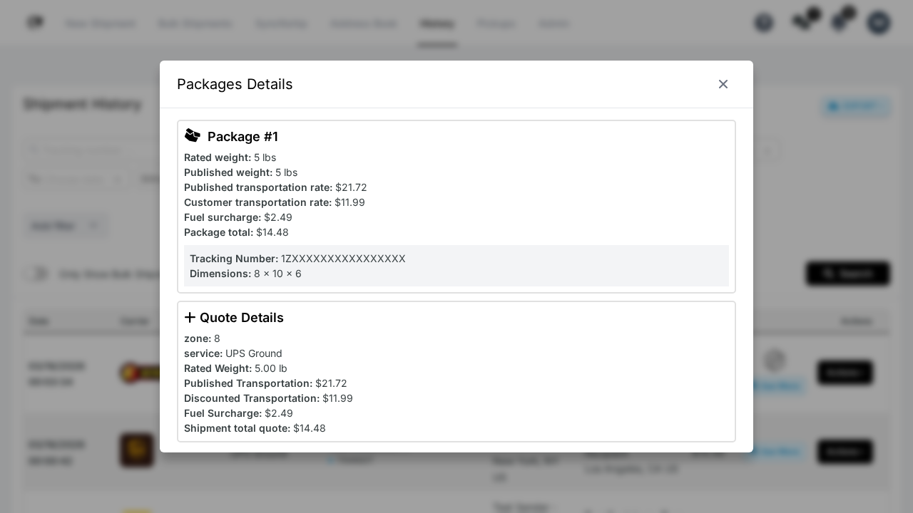 ShipBoss Package Details floating window showing weight, rates, tracking number, and dimensions