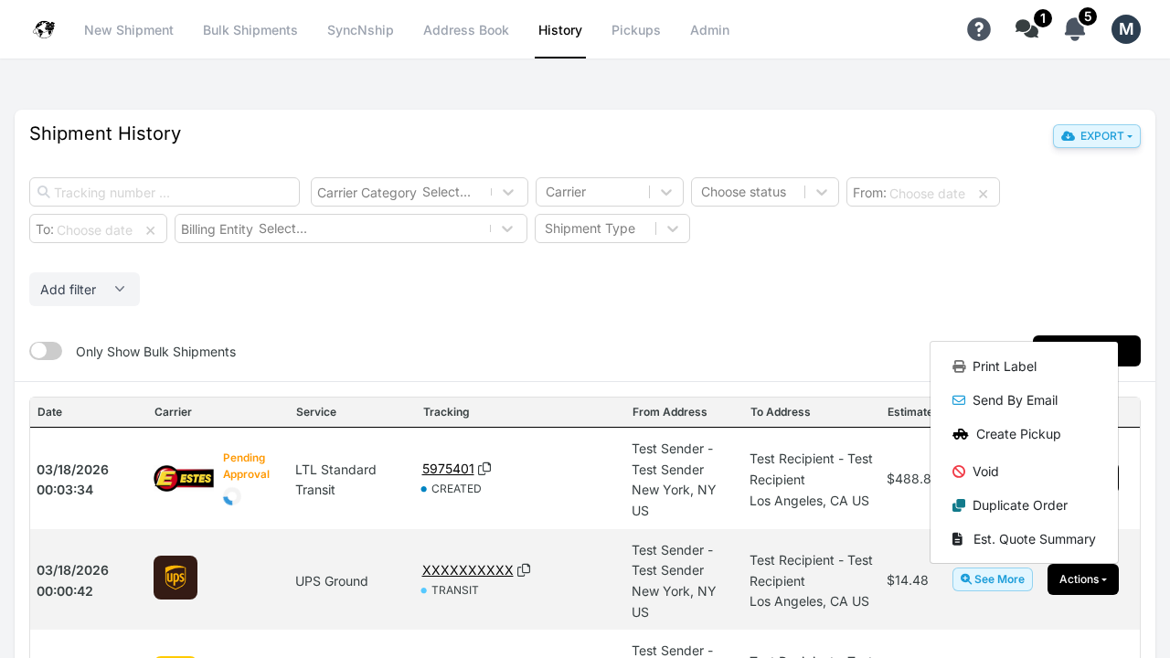 ShipBoss Actions dropdown menu showing Print Label, Send By Email, Create Pickup, Void, and Duplicate Order options