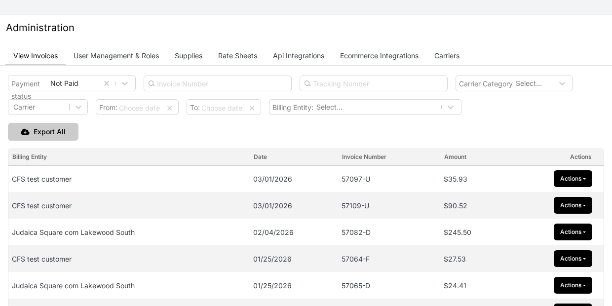 ShipBoss Admin page with View Invoices tab selected showing the invoice list