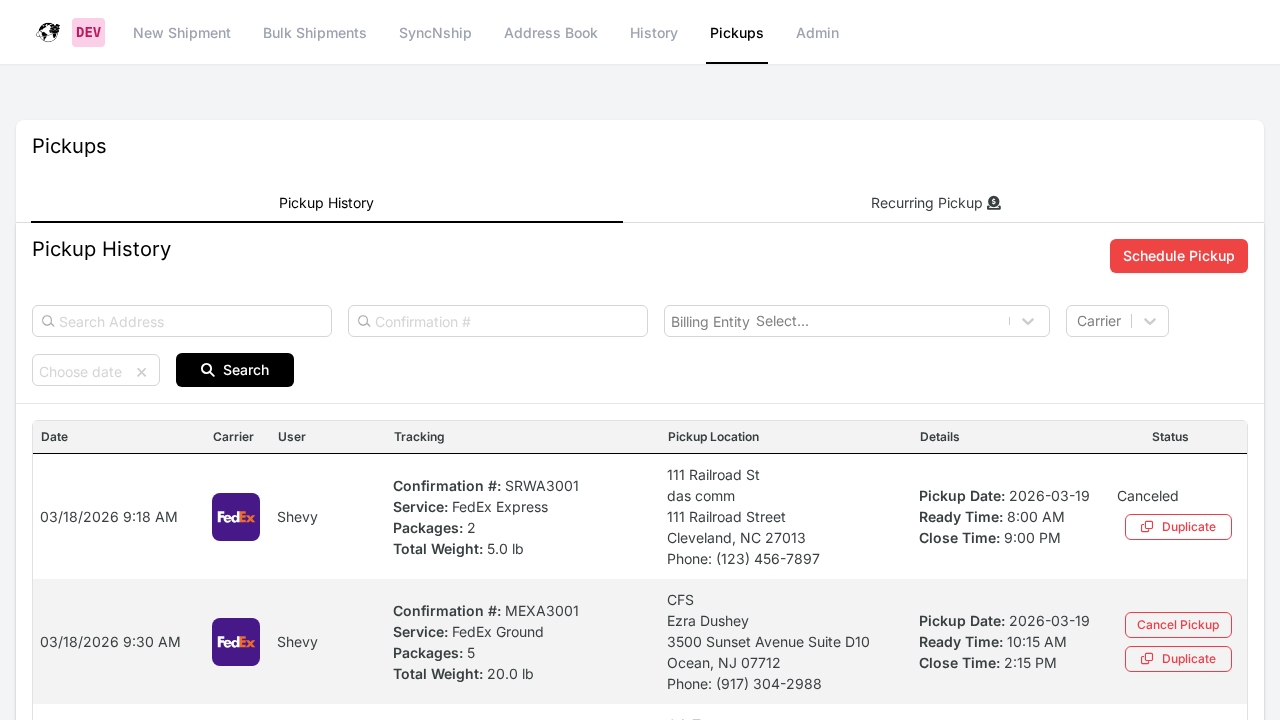ShipBoss Pickups page showing the Schedule Pickup button