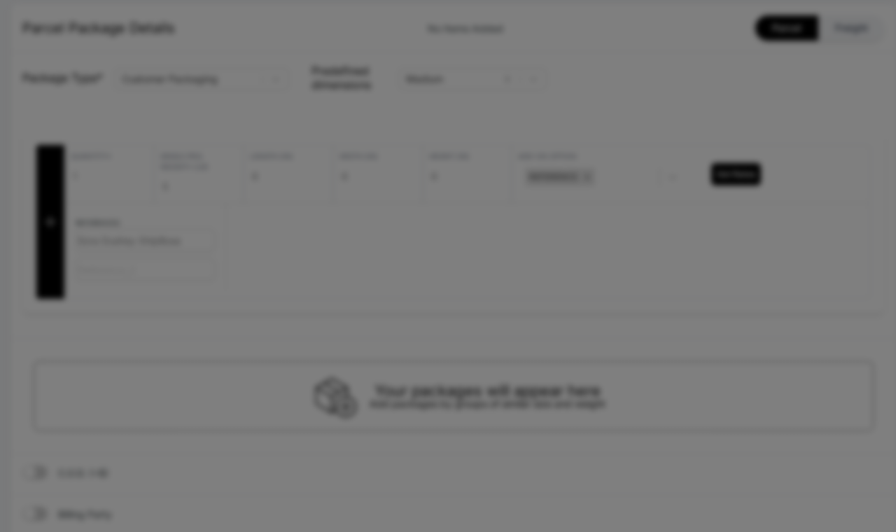 ShipBoss Package Details section with package type, dimensions, and weight fields