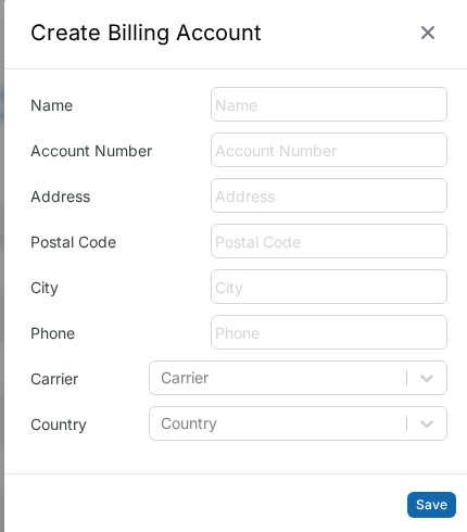 Create Billing Account form showing all available fields
